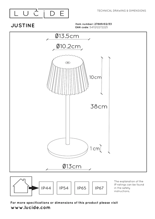 Lucide JUSTINE - Lampe de table Rechargeable Intérieur/Extérieur - Batterie/Piles - LED Dim. - 1x2W 2700K - IP54 - Avec station de charge sans fil - Vert - technique